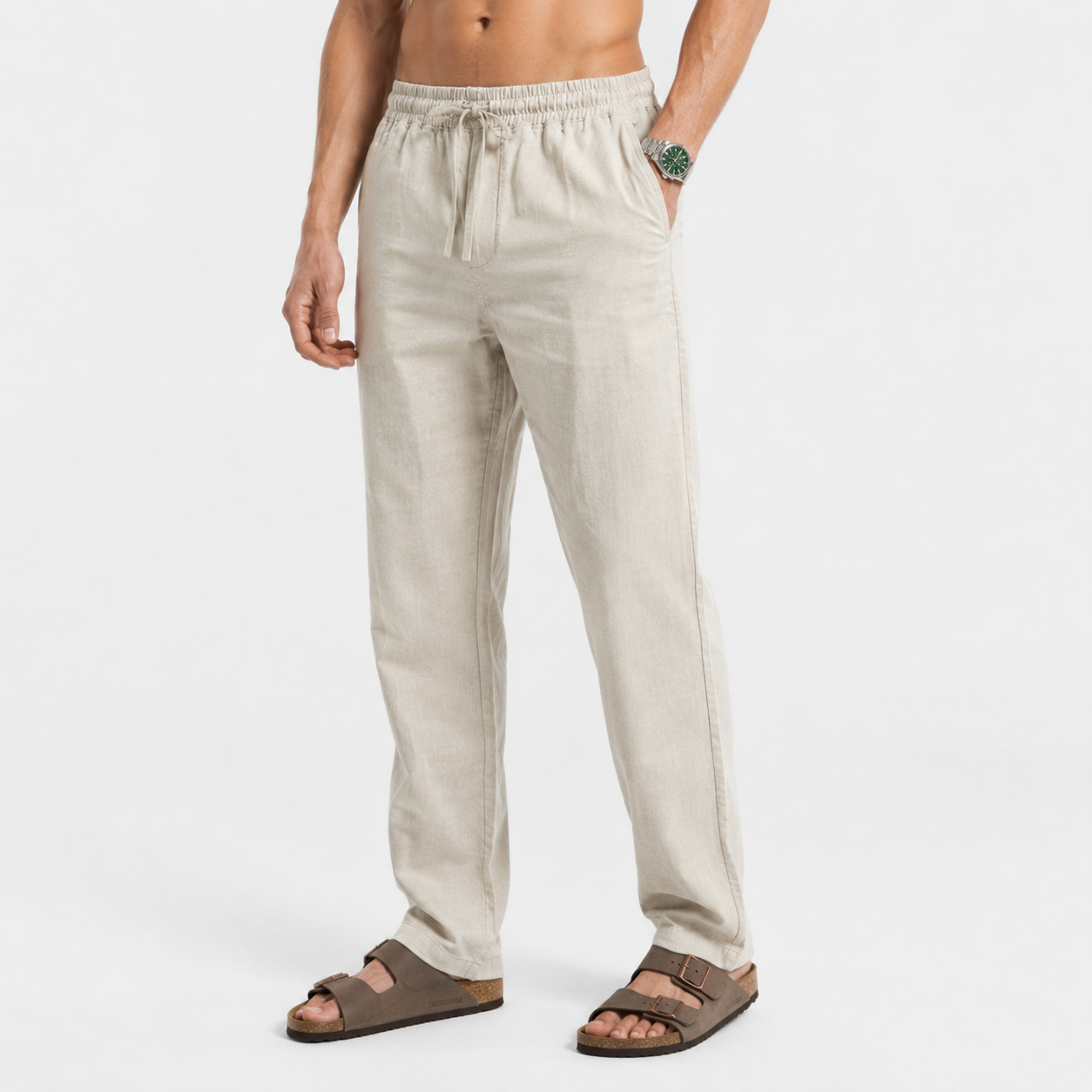 Sand Beige Pull On Linen Pants-thumbmail-3