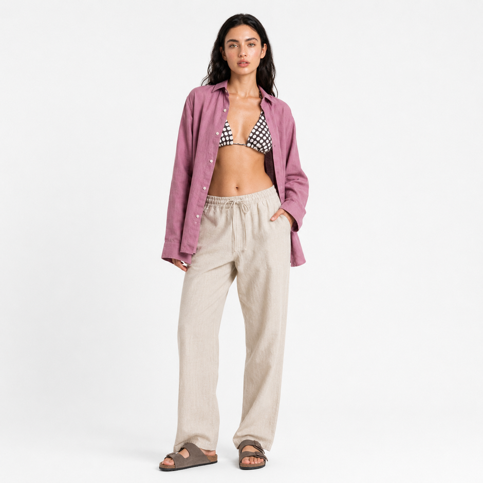Sand Beige Linen Pull On Pants
