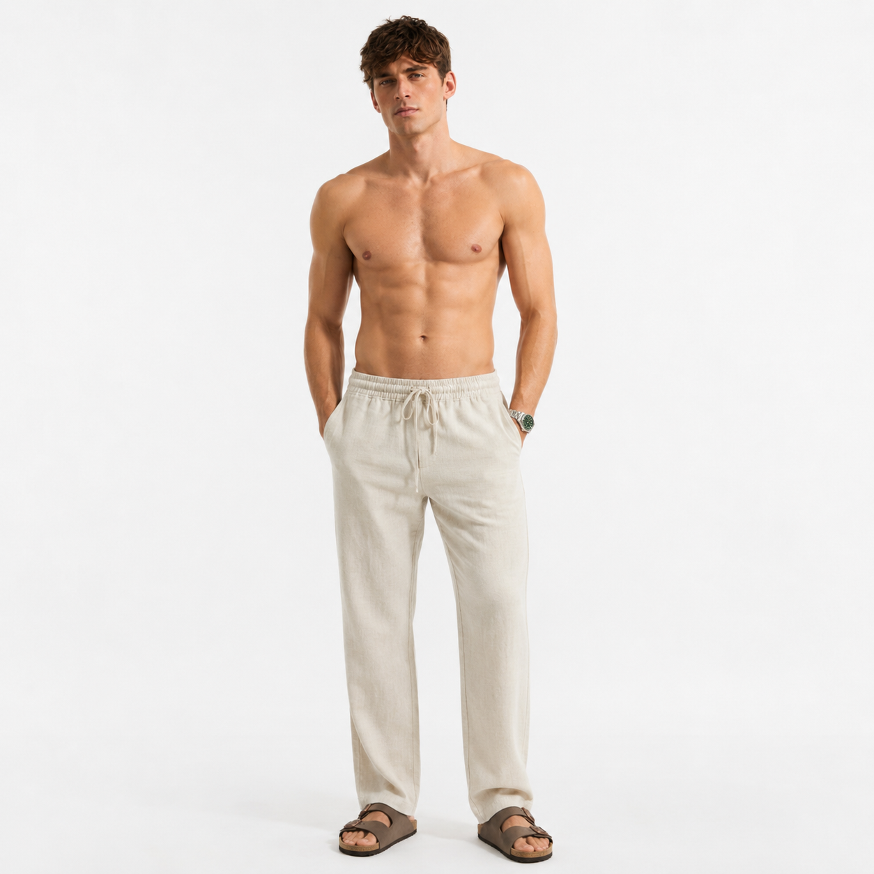 Sand Beige Pull On Linen Pants