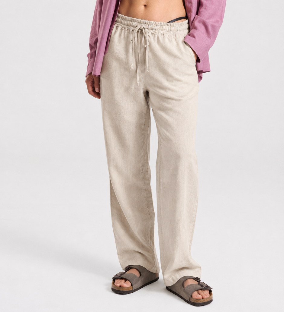 Sand Beige Linen Pull On Pants