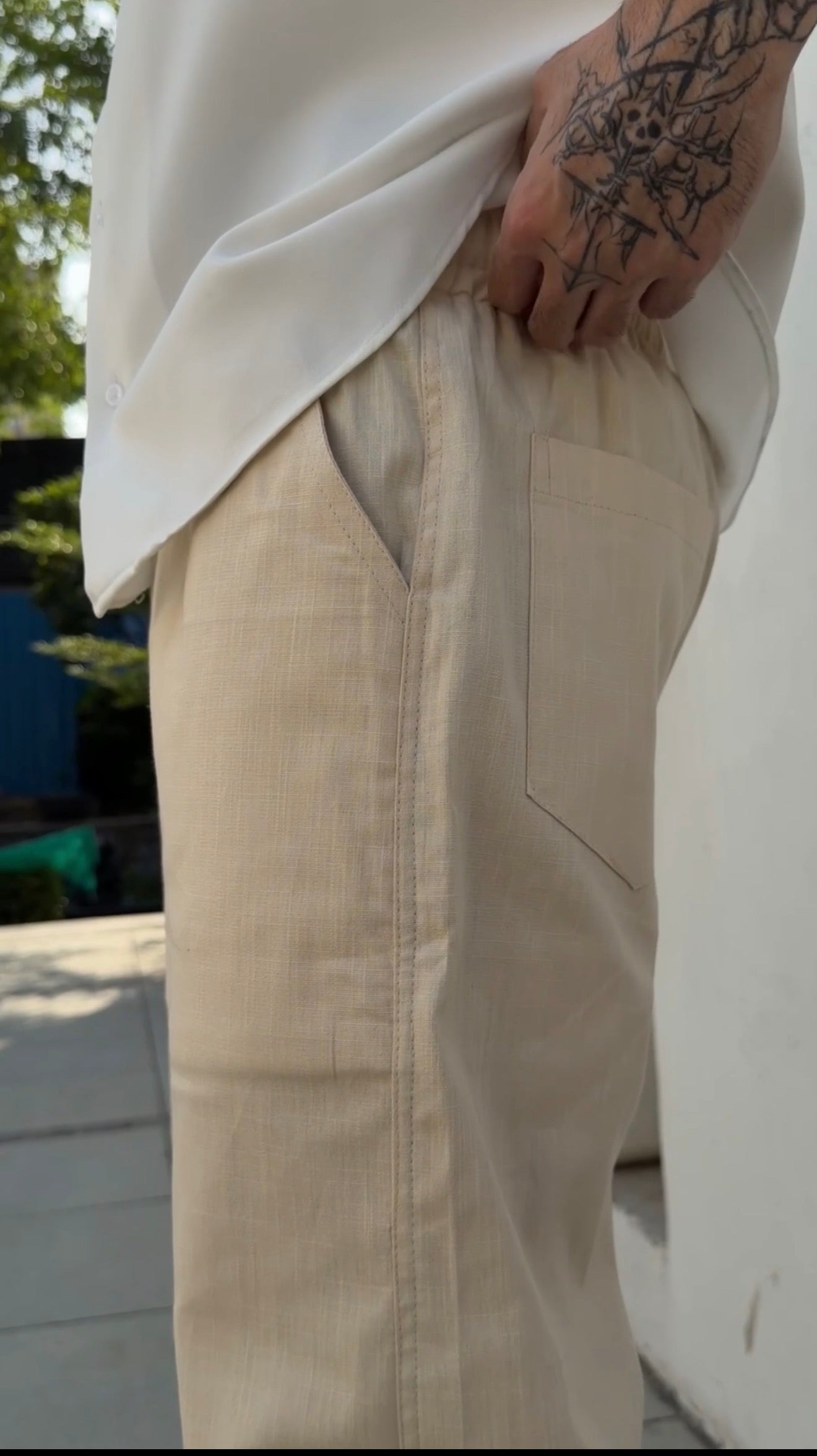 Sand Beige Pull On Linen Pants-thumbmail-5