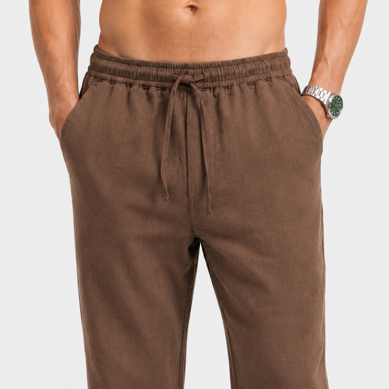 Mocha Brown Pull On Linen Pants-thumbmail-3