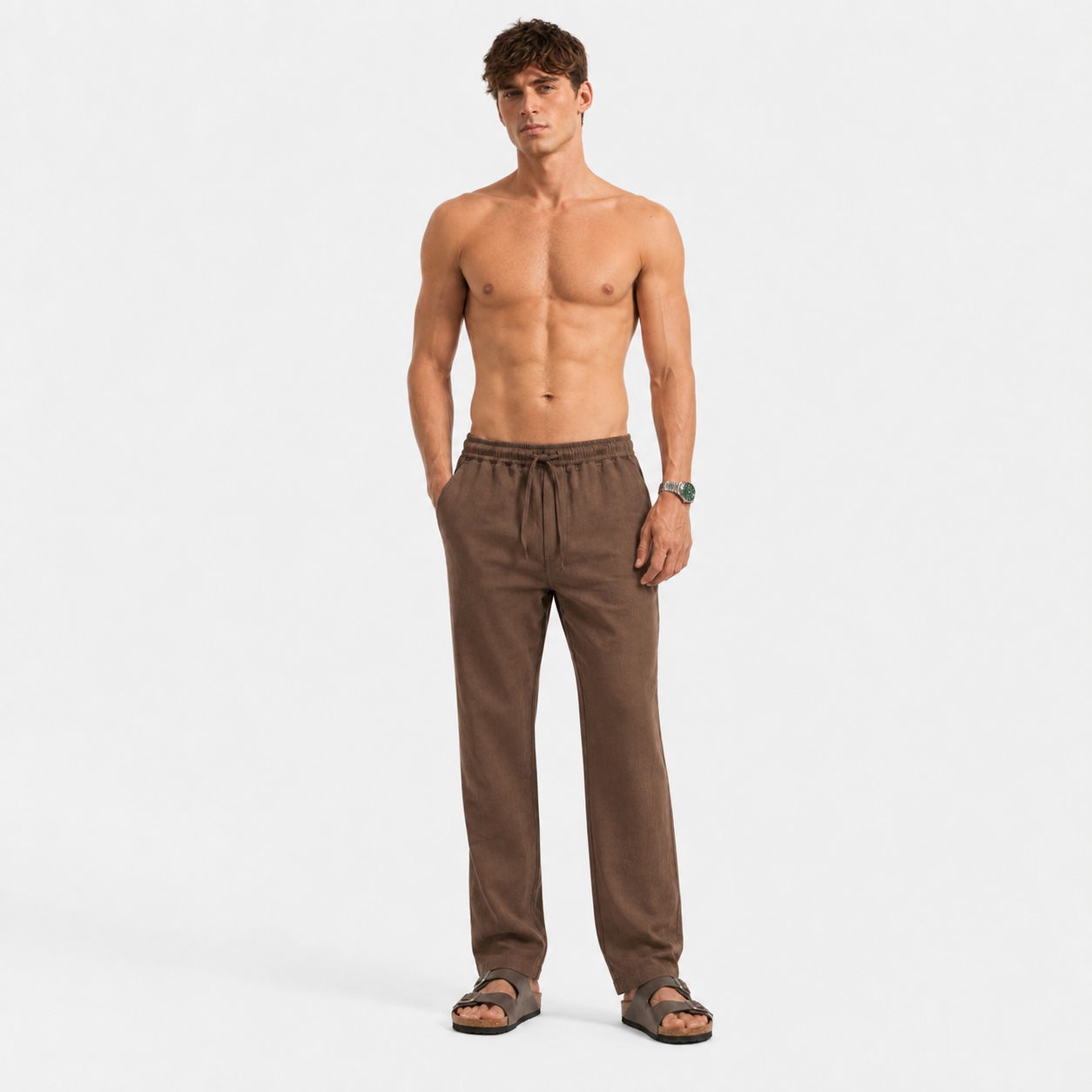Mocha Brown Pull On Linen Pants