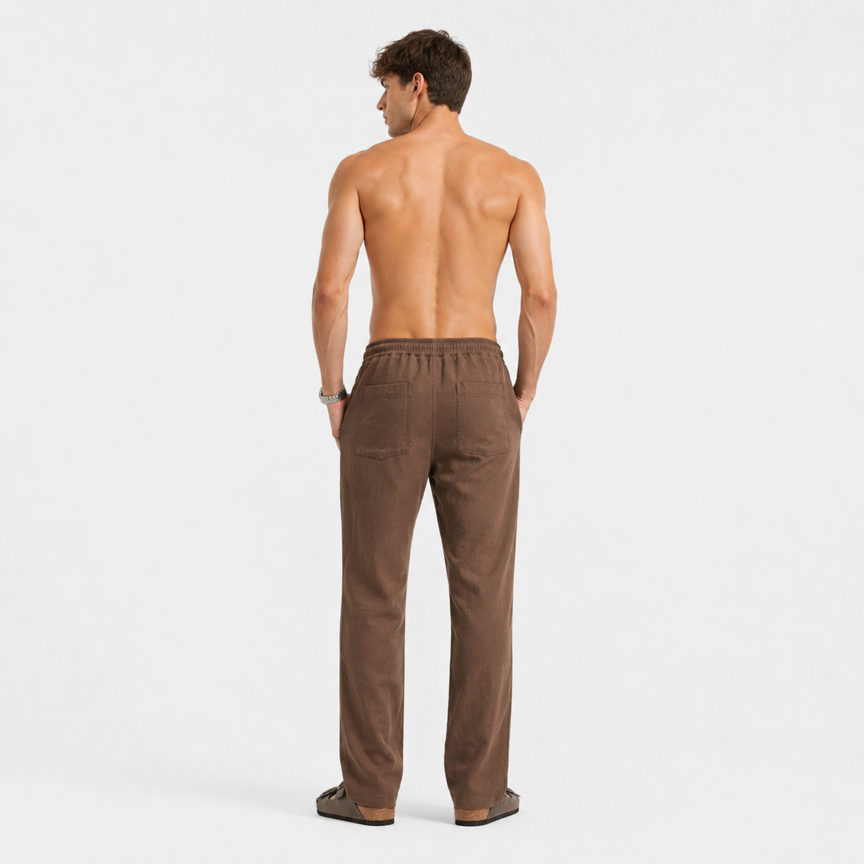 Mocha Brown Pull On Linen Pants-thumbmail-7