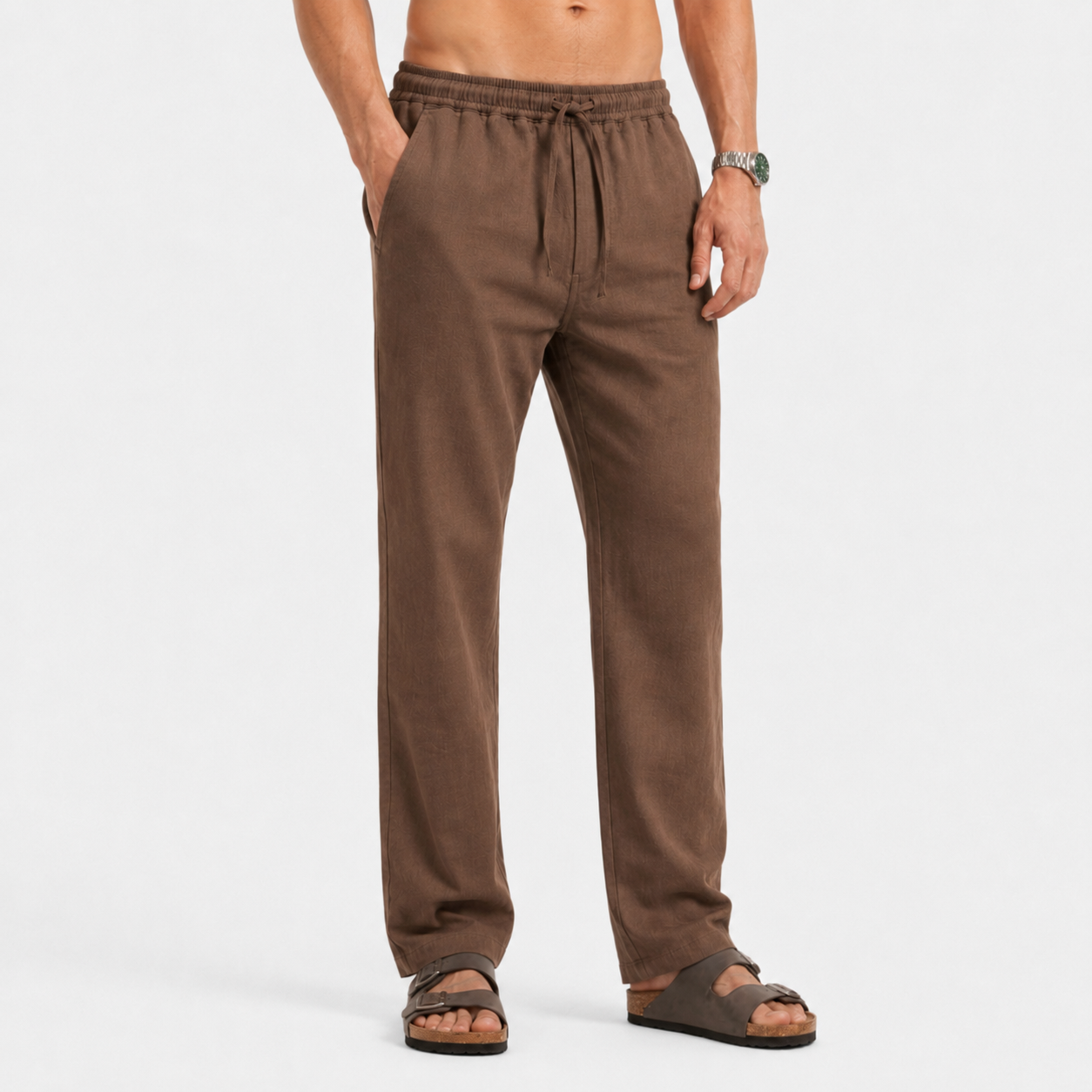 Mocha Brown Pull On Linen Pants-thumbmail-5